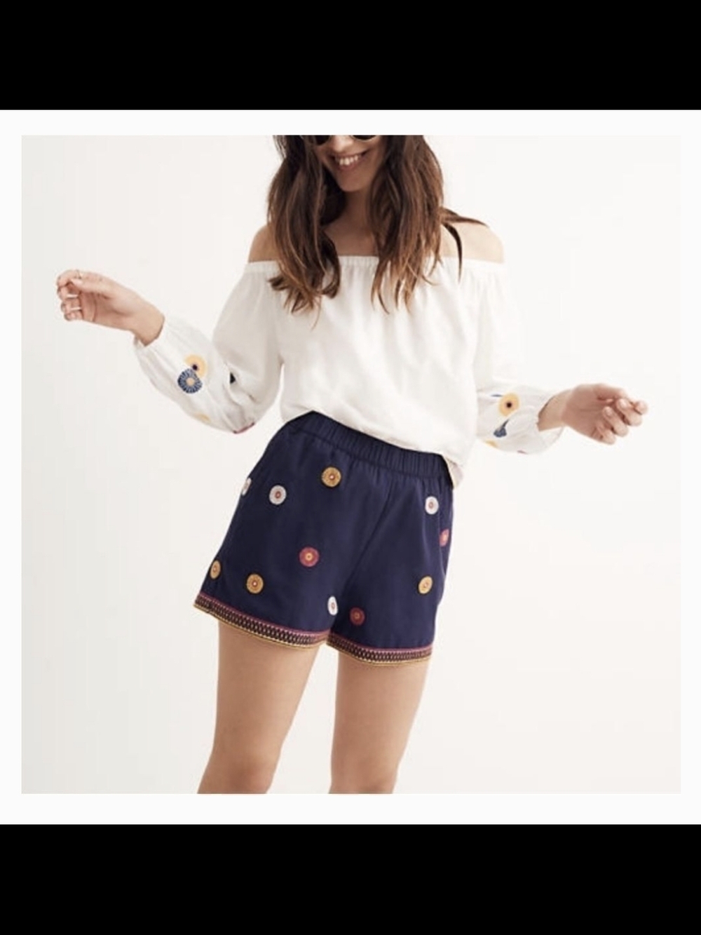 Madewell Embroidered Lightweight Shorts Elastic Waist Midnight Blue Boho Size XS